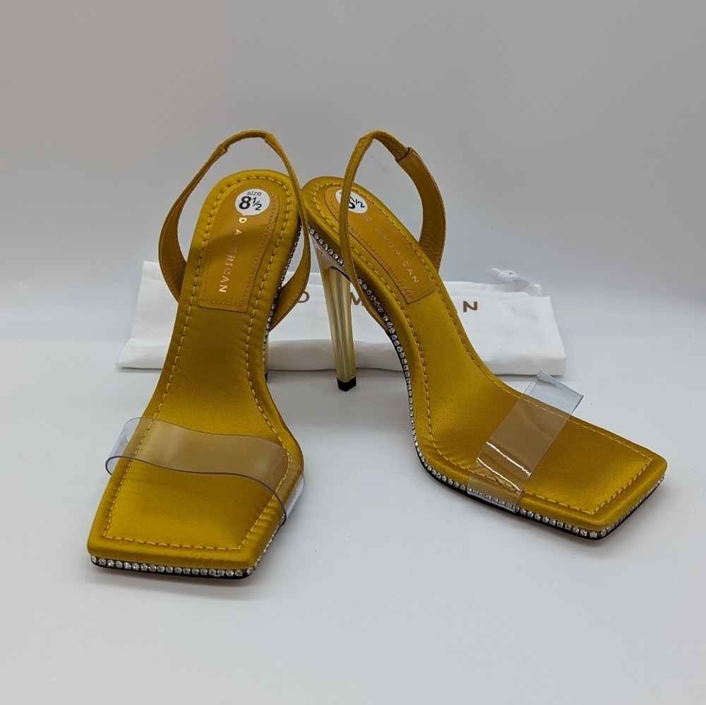 New! GOOD AMERICAN Crystal Crush Lucite Sandal Heels Gold Clear size 8.5